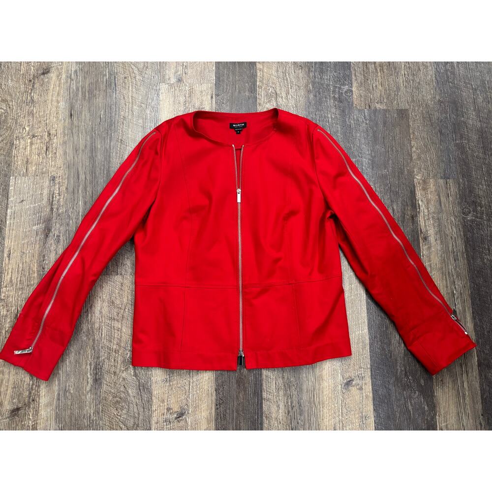 Worth New York Womens Red‎ Zip Front Collarless Jacket Stretch Cotton Size 16